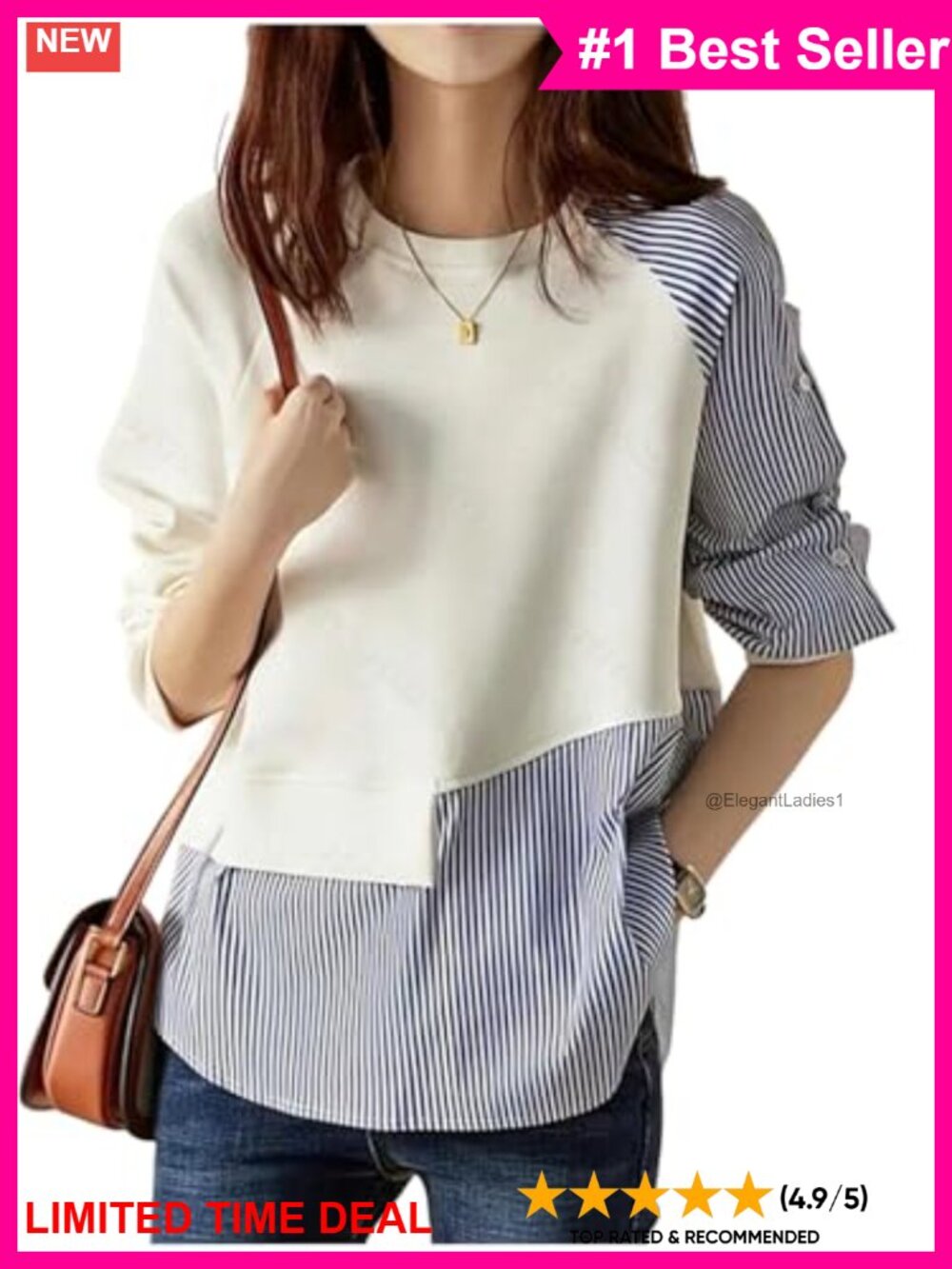 Striped Patchwork Long Sleeve Button Top Asymmetrical Hem Ribbed T Shirt